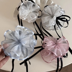 Grote Gaas Bloem Haarklem Met Lang Zwart Lint Strik Zoete Organza Florale Shark Clip Franse Stijl Haaraccessoires Voor Vrouwen