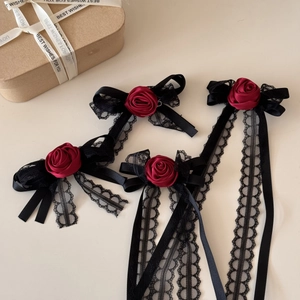 Gothic Red Rose Hair Clip With Black Lace Ribbon Long Tassel Handmade Satin Flower Bow Lolita Headwear For Women Cosplay