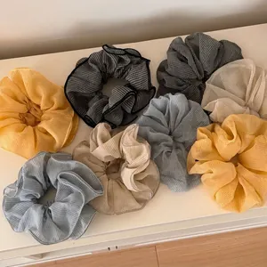 Large Gingham Checkered Chiffon Hair Scrunchies Vintage Pleated Elastic Hair Ties Ponytail Holders Women Hair Accessories