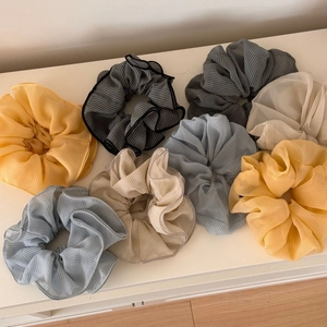Plaid chiffon scrunchies set in yellow, blue and beige with retro pleated texture
