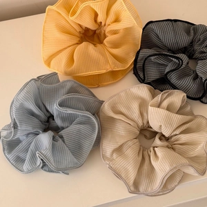 Set of 4 vintage plaid chiffon hair scrunchies in yellow, black, blue, and beige colors
