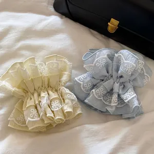 Korean Style Large Floral Lace Pleated Scrunchie Elegant Embroidery Flower Fabric Hair Tie Ponytail Holder For Women Girls