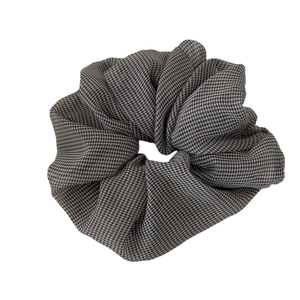 Classic large black and white gingham checkered chiffon scrunchie with pleated texture
