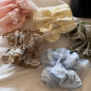 Lace flower scrunchie set with pleated ruffles in pink, beige, brown, green and blue