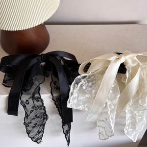 French lace ribbon bow hair claw clips in black and beige for elegant ponytails