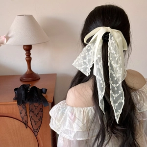 Elegant French lace bow hair claw clip with floral embroidery for women half-up hairstyle