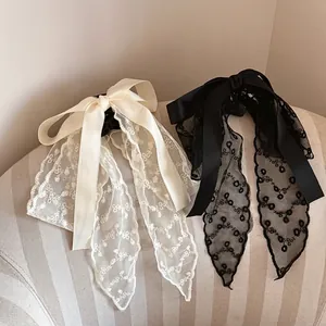 French Lace Bow Streamer Hair Claw Clip Elegant Satin Ribbon Long Tassel Headwear For Women Ponytail Holder Hair Accessory