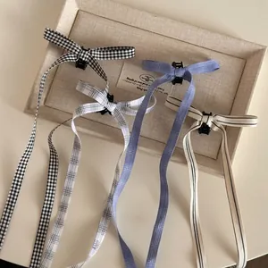 French Vintage Bow Hair Clip With Long Ribbon Fabric Ribbon Small Claw Clip Checkered Striped Hair Accessories For Women
