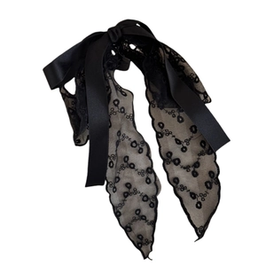 Elegant black lace and satin bow hair clip with long streamers for French style hairstyles