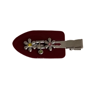 Vintage burgundy metal flower hair clip with colorful rhinestones and silver floral detail