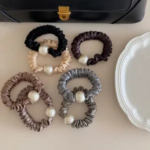 Elegant Satin Scrunchies With Large Artificial Pearl Vintage French Style High Elastic Hair Ties For Women Hair Accessories