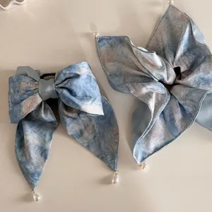 Accessoires Cheveux Élégants Français Nœud en Satin Peinture à l'Huile Monet Pince Élastique Avec Pendentif Künstliche Perle pour Femme