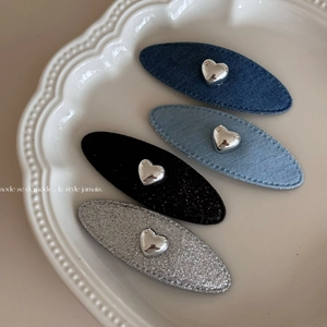 Fermagli per Capelli Ovali in Tessuto Denim con Brillantini Cuore in Metallo Argento per Donna Dolce Stile Coreano Accessori Capelli