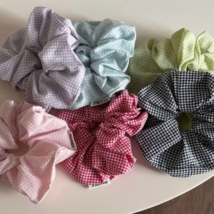 Set of six colorful gingham plaid oversized scrunchies in sweet Korean style