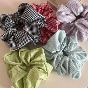 Five-piece gingham check scrunchie set in assorted pastel colors for sweet hairstyles