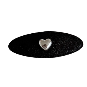 Fermaglio ovale a cuore in denim con glitter neri e ciondolo a cuore argento donna