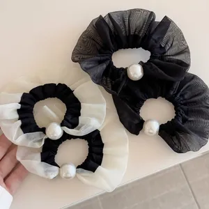 Elegant Artificial Pearl Mesh Scrunchies For Women Korean Style Organza Hair Ties Pleated Contrast Color Elastic Ponytail Holder