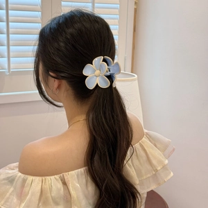 Elegant blue floral claw clip for half-up hair styling shown on a model in a cozy setting