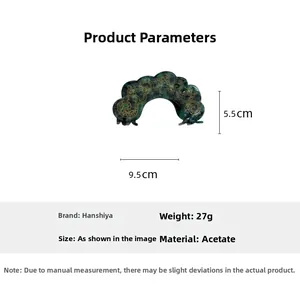 Detail view of acetate flower hair claw in dark green with dimensions 9.5cm by 5.5cm