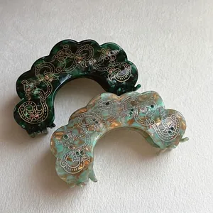 Vintage Acetate Marble Hair Claw Clip Chinese Style Petal Wave Shape Rhinestone Elegant Hair Accessories For Women Jewelry