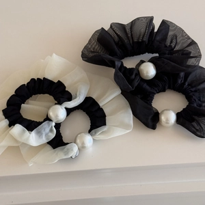 Elegant organza scrunchies set with white pearls in black and white contrasting colors