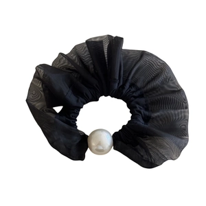 Elegant black mesh hair scrunchie with a large white pearl bead for women ponytail