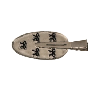 Silver bow hair clip with five black bowknot patterns on oval metal plate for women