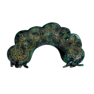 Vintage green marble hair claw clip with golden floral pattern and small rhinestones