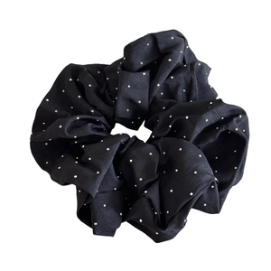 Elegant French style black scrunchie with sparkling silver rhinestones and textured fabric