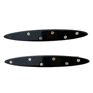 Minimalist black acetate hair clips with colorful rhinestones set of two on white background