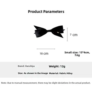Detailed size comparison and specifications for black fabric bow hair clips with alloy clips