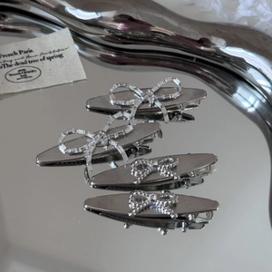Silver brushed bow hair clip set with sparkling rhinestone and crystal accents for women