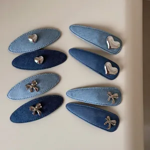 Barrettes À Cheveux En Tissu Denim Fait Main Pour Femmes Pinces À Frange Ovales Avec Cœur Et Nœud Argenté Style Coréen