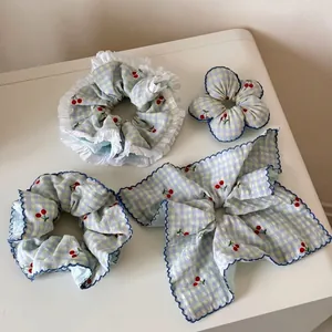 Women Sweet Blue Gingham Cherry Print Scrunchie Large Fabric Hair Tie Korean Style Pastoral Lace Trim Hair Accessories