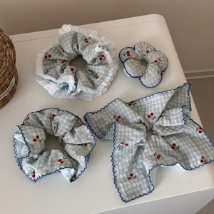 Blue cherry gingham scrunchies and bow headband set for women with lace edge hair ties