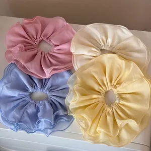 Chouchous en Mousseline Double Couche Couleur Unie pour Femmes Grands Élastiques à Cheveux Plissés Anneaux de Cheveux Élégants