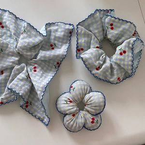 Blue gingham cherry print hair scrunchie set with bow and floral hair ties for women