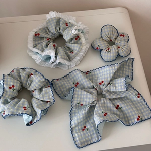 Blue cherry plaid hair scrunchie set featuring ruffled edges and floral ties for women