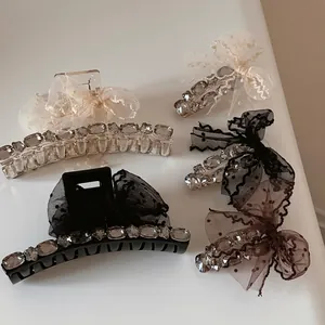 Elegant Rhinestone Mesh Bow Hair Claw Clip For Women Vintage Polka Dot Tulle Butterfly Hairpin Fashion Party Accessories