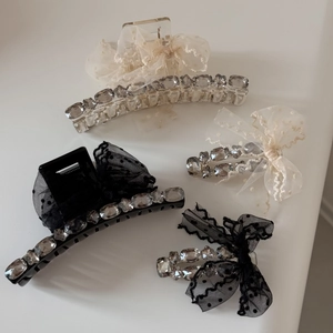 Polka dot tulle bow hair claw set with rhinestones in black and cream white colors