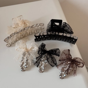 Polka dot tulle bow hair claw set with rhinestones for elegant summer hairstyles
