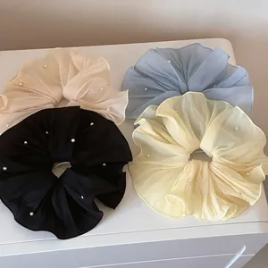 Korean Large Chiffon Pleated Scrunchie With White Faux Artificial Pearl Elegant Oversized Hair Tie For Women Girls Hair Accessories