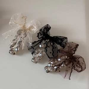Three-piece set of tulle polka dot bow hair clips with sparkling rhinestone tassels