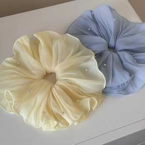 Oversized chiffon scrunchies with pearls in light beige and sky blue colors