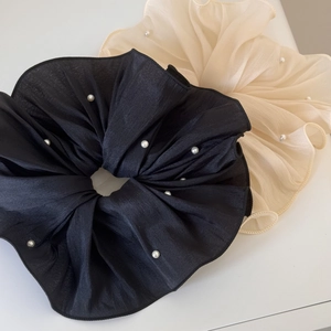 Oversized pleated chiffon hair scrunchies with white pearls in black and beige