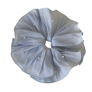Elegant oversized light blue pleated hair scrunchie with embedded white pearls