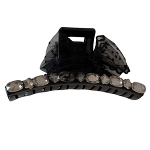 Elegant black lace polka dot bow hair claw clip with rhinestones for summer styling