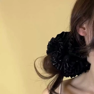 Oversized metallic silver-grey pleated scrunchie with a voluminous ruffled design for women