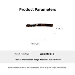 Size specifications chart for the slender tortoiseshell acetate hair clip with alloy spring