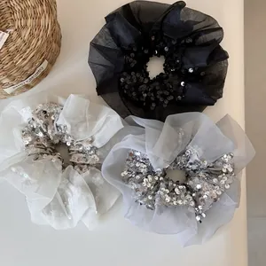 Grands Chouchous en Organza à Paillettes Plissés en Maille Dentelle Élastiques à Cheveux Brillants pour Femmes Accessoires Cheveux